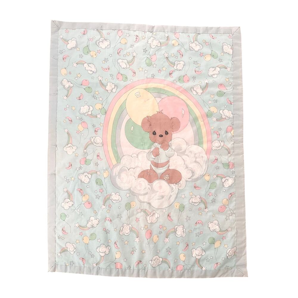 Precious Moments Vintage 80s 90s Gray Silver Satin Trim Teddy Bear Baby Blanket